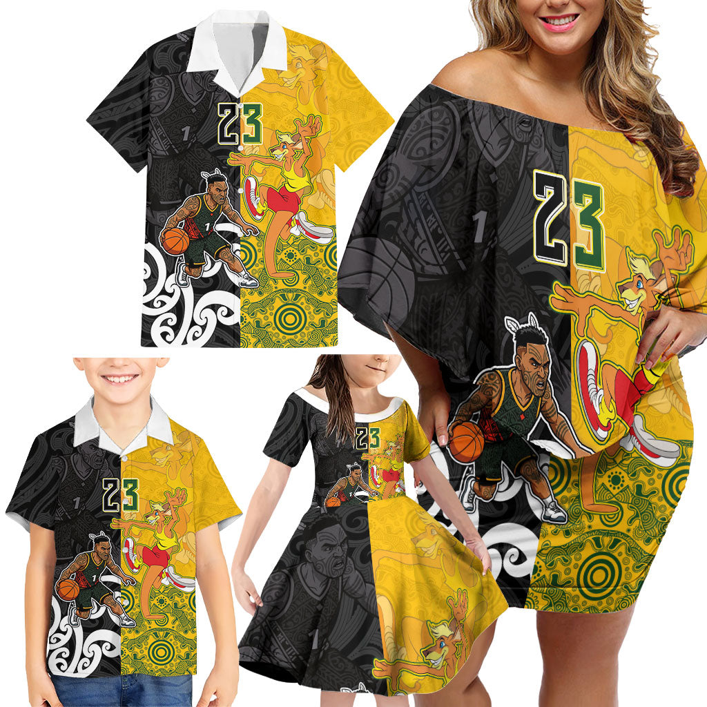 Aotearoa New Zealand And Australia Basketball Custom Family Matching Off Shoulder Short Dress and Hawaiian Shirt Maori Tribal Tattoo And Aboriginal Dot Art Heritage