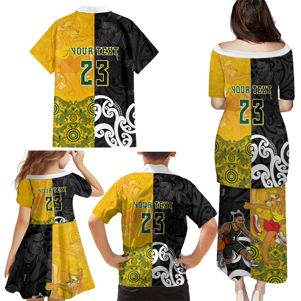 Aotearoa New Zealand And Australia Basketball Custom Family Matching Puletasi and Hawaiian Shirt Maori Tribal Tattoo And Aboriginal Dot Art Heritage