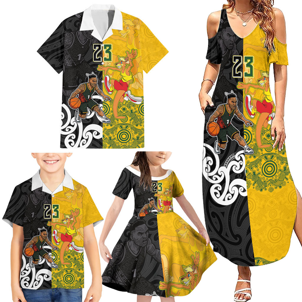 Aotearoa New Zealand And Australia Basketball Custom Family Matching Summer Maxi Dress and Hawaiian Shirt Maori Tribal Tattoo And Aboriginal Dot Art Heritage