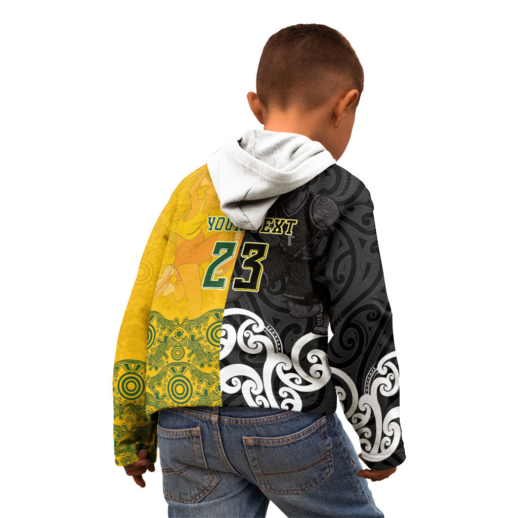 Aotearoa New Zealand And Australia Basketball Custom Kid Hoodie Maori Tribal Tattoo And Aboriginal Dot Art Heritage LT03 - Polynesian Pride