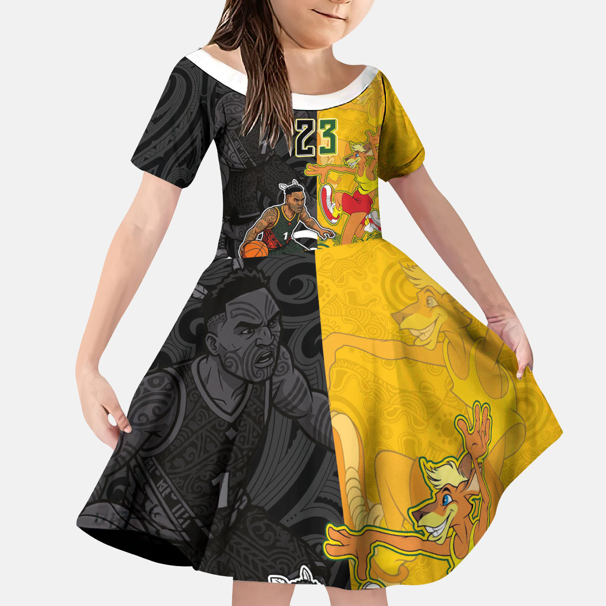 Aotearoa New Zealand And Australia Basketball Custom Kid Short Sleeve Dress Maori Tribal Tattoo And Aboriginal Dot Art Heritage
