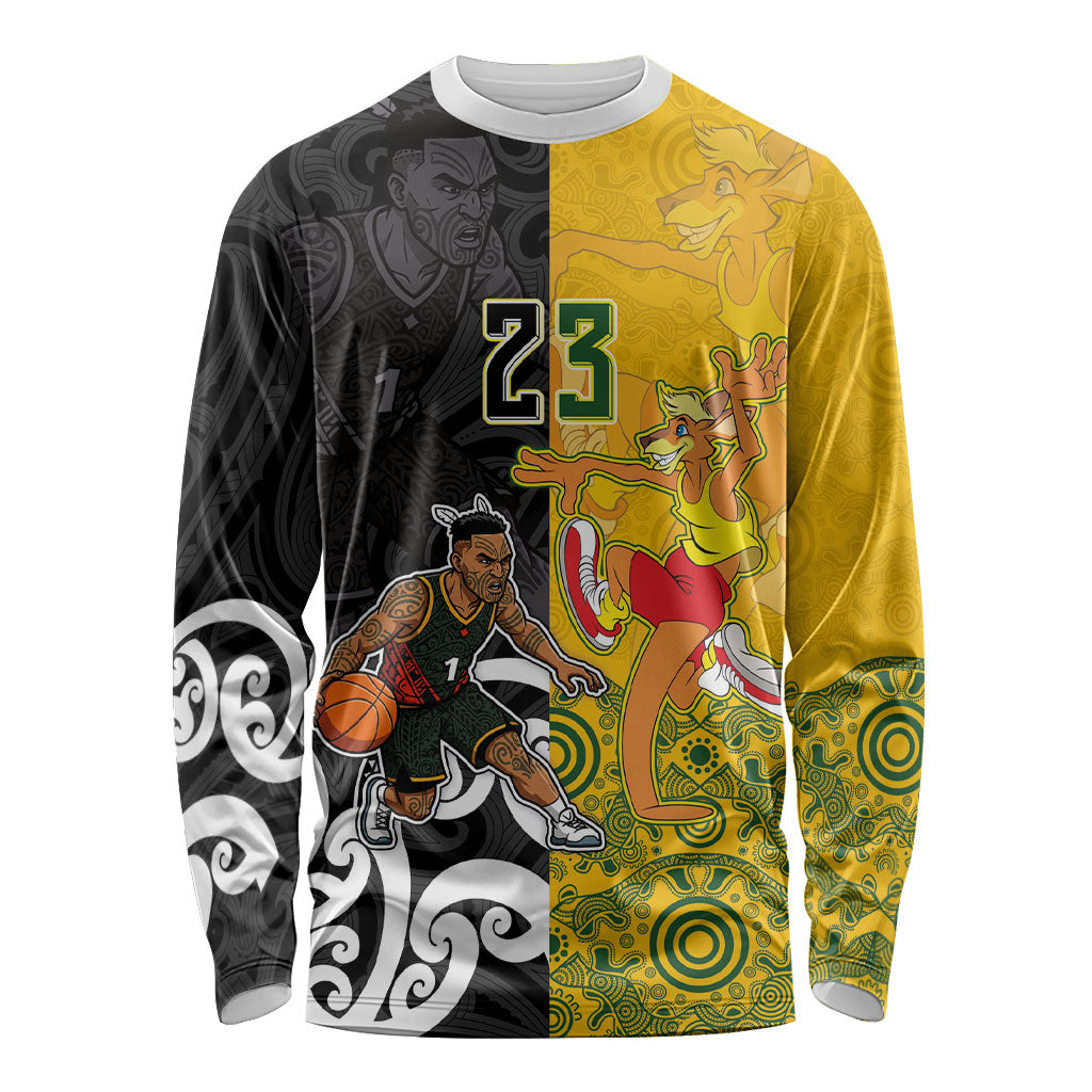 Aotearoa New Zealand And Australia Basketball Custom Long Sleeve Shirt Maori Tribal Tattoo And Aboriginal Dot Art Heritage LT03 Unisex Multicolor - Polynesian Pride