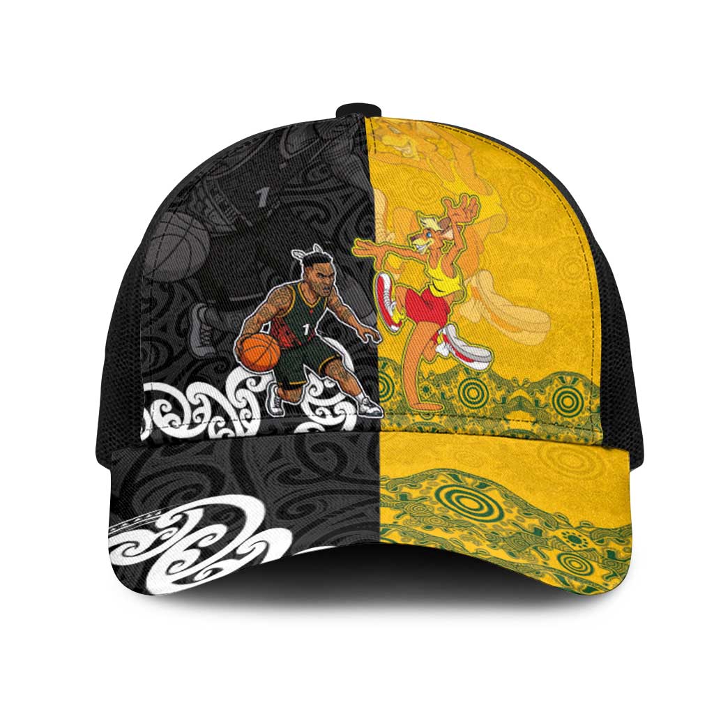 Aotearoa New Zealand And Australia Basketball Mesh Trucker Cap Maori Tribal Tattoo And Aboriginal Dot Art Heritage LT03 One Size Black Multicolor - Polynesian Pride