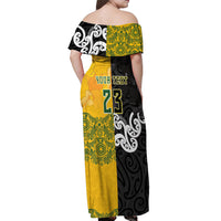 Aotearoa New Zealand And Australia Basketball Custom Off Shoulder Maxi Dress Maori Tribal Tattoo And Aboriginal Dot Art Heritage LT03 - Polynesian Pride