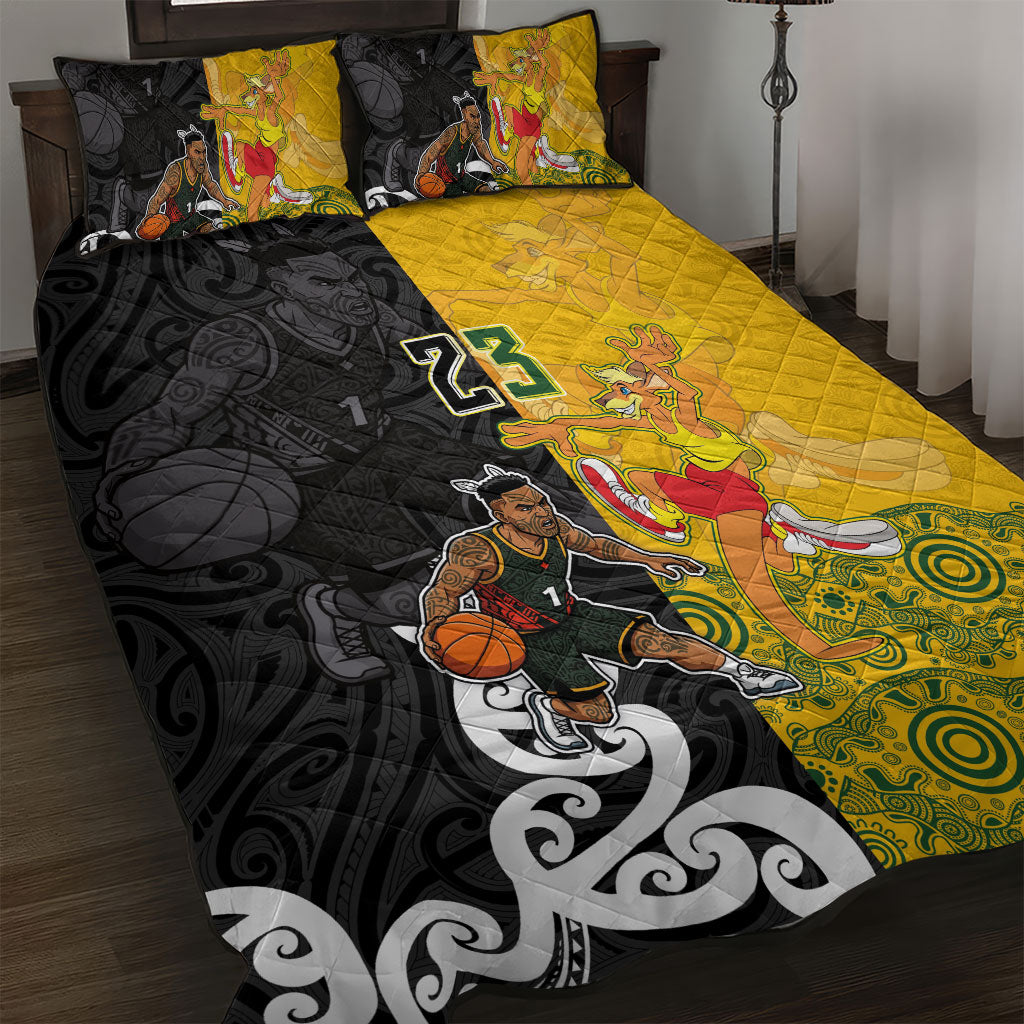 Aotearoa New Zealand And Australia Basketball Custom Quilt Bed Set Maori Tribal Tattoo And Aboriginal Dot Art Heritage
