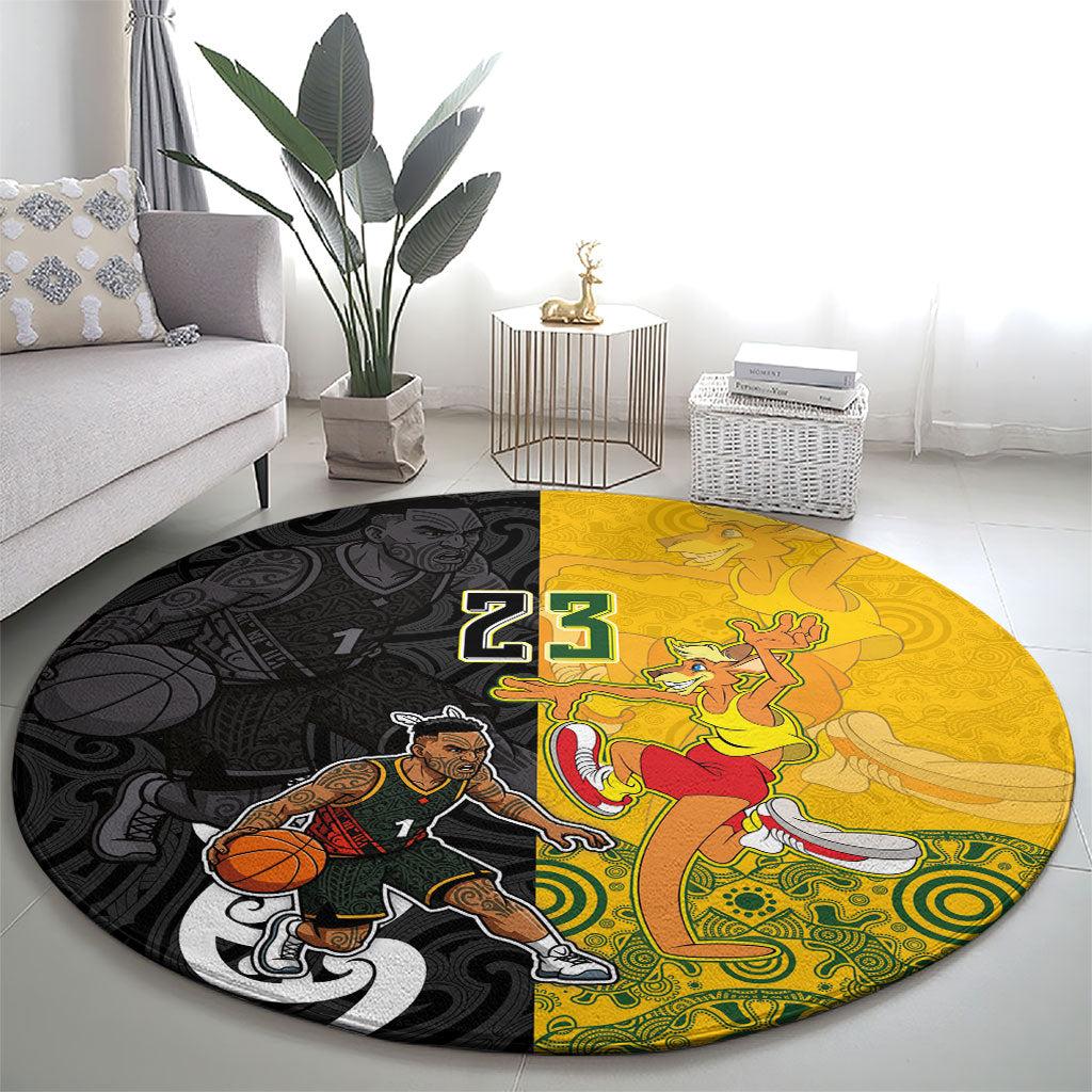 Aotearoa New Zealand And Australia Basketball Custom Round Carpet Maori Tribal Tattoo And Aboriginal Dot Art Heritage LT03 - Polynesian Pride