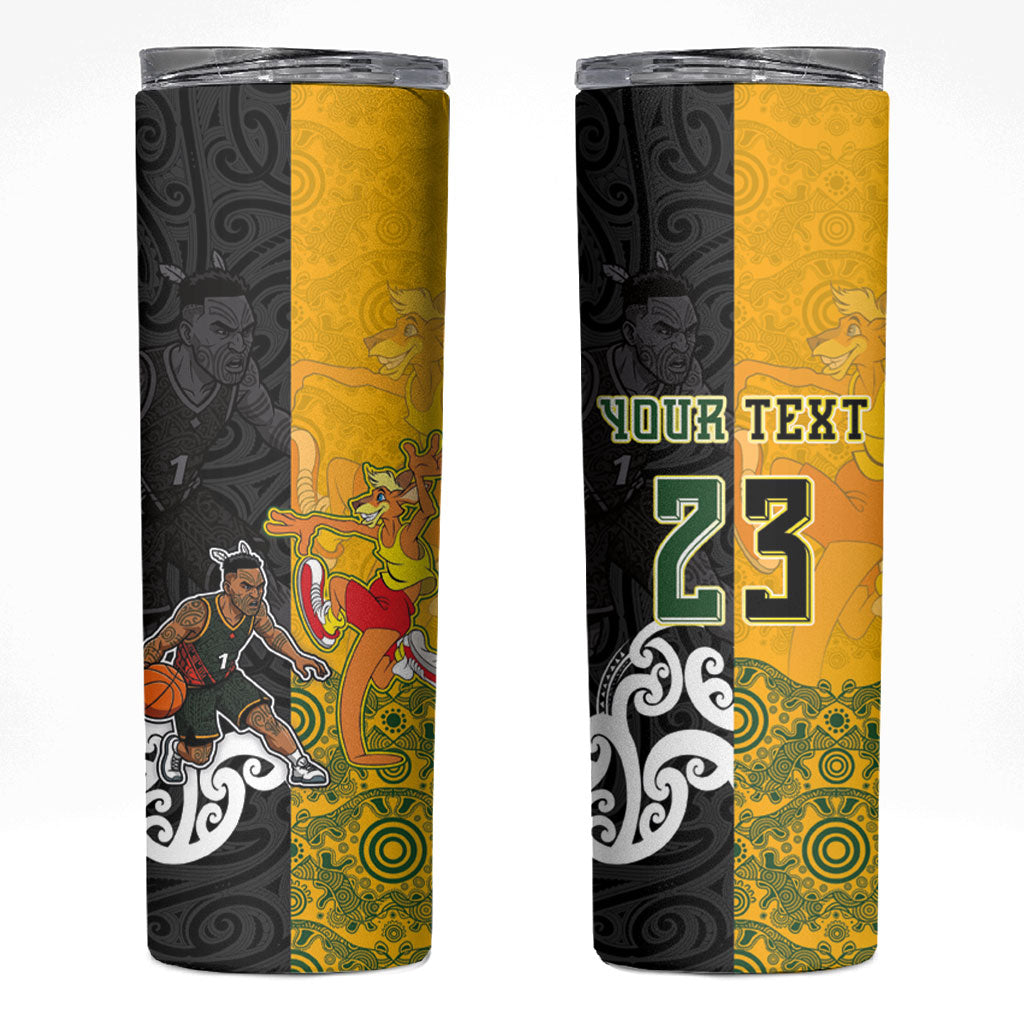 Aotearoa New Zealand And Australia Basketball Custom Skinny Tumbler Maori Tribal Tattoo And Aboriginal Dot Art Heritage