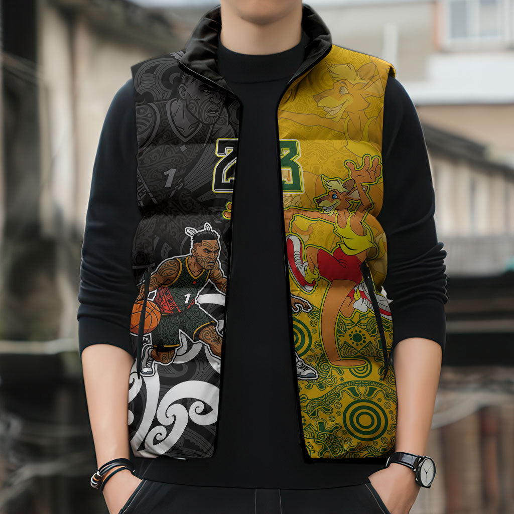 Aotearoa New Zealand And Australia Basketball Custom Sleeveless Puffer Jacket Maori Tribal Tattoo And Aboriginal Dot Art Heritage LT03 - Polynesian Pride