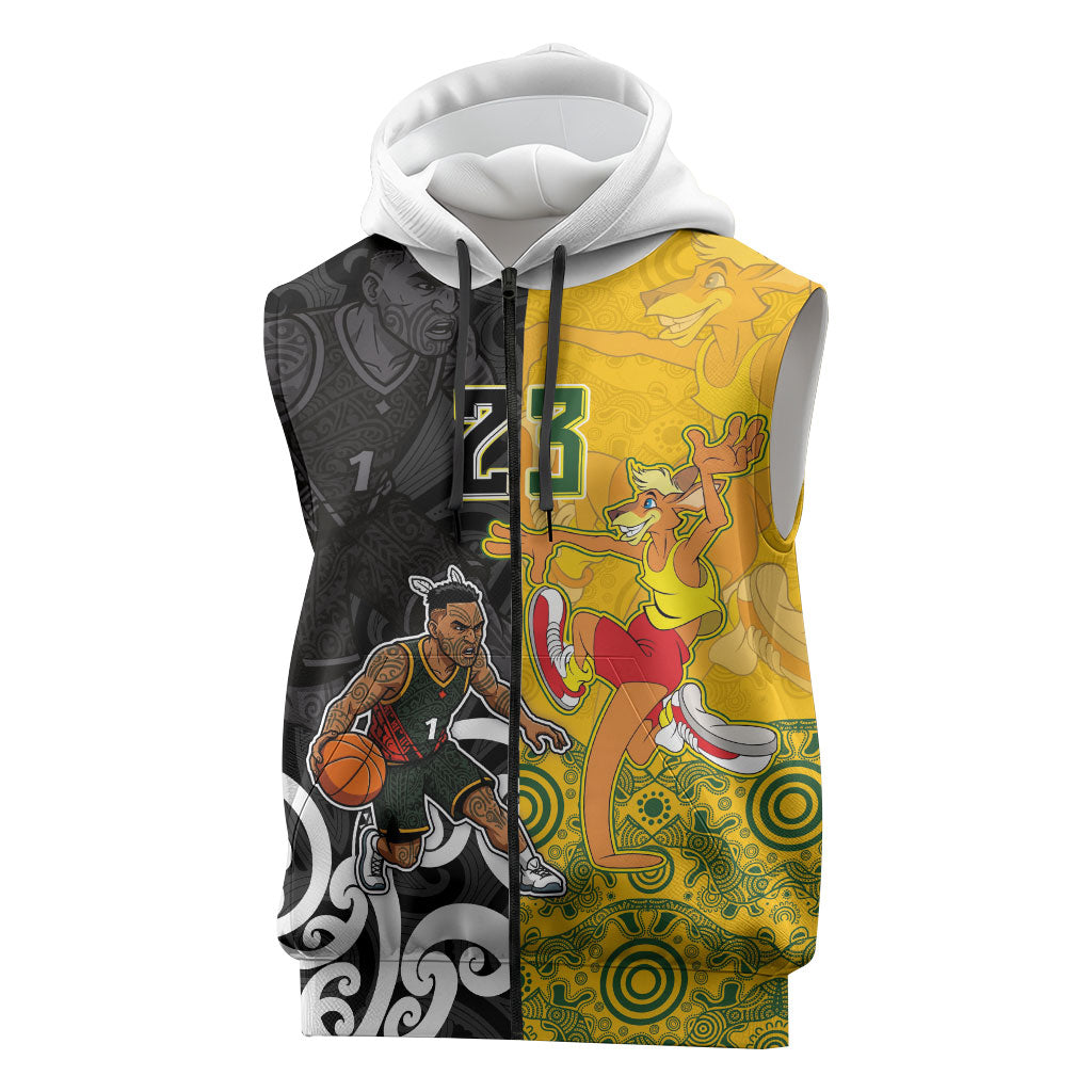 Aotearoa New Zealand And Australia Basketball Custom Sleeveless Zip Hoodie Maori Tribal Tattoo And Aboriginal Dot Art Heritage LT03 Multicolor - Polynesian Pride