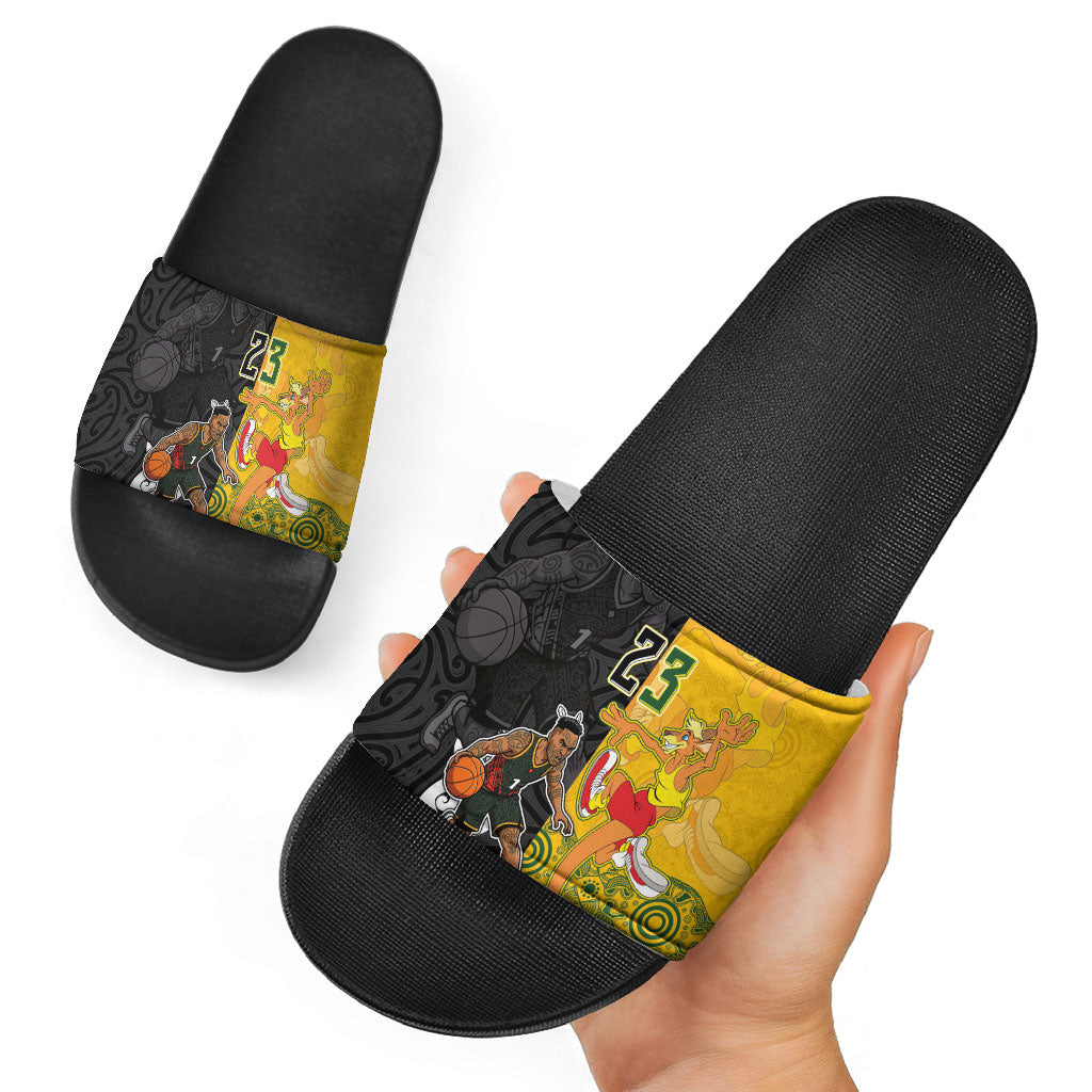 Aotearoa New Zealand And Australia Basketball Custom Slide Sandals Maori Tribal Tattoo And Aboriginal Dot Art Heritage