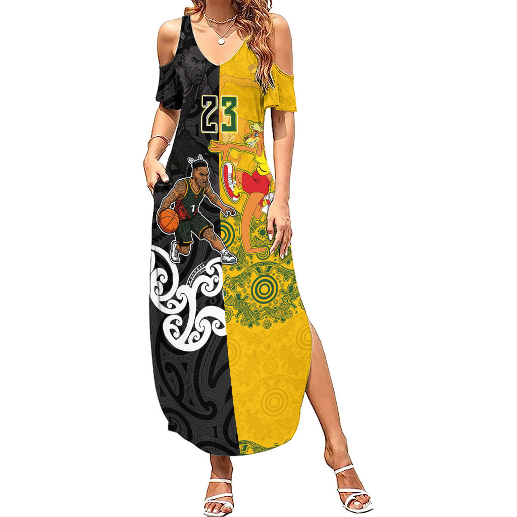 Aotearoa New Zealand And Australia Basketball Custom Summer Maxi Dress Maori Tribal Tattoo And Aboriginal Dot Art Heritage