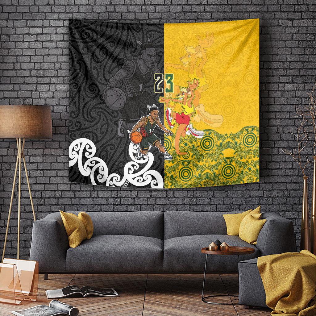 Aotearoa New Zealand And Australia Basketball Custom Tapestry Maori Tribal Tattoo And Aboriginal Dot Art Heritage