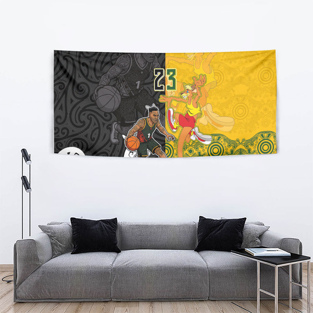 Aotearoa New Zealand And Australia Basketball Custom Tapestry Maori Tribal Tattoo And Aboriginal Dot Art Heritage LT03 - Polynesian Pride