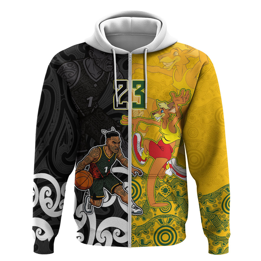 Aotearoa New Zealand And Australia Basketball Custom Zip Hoodie Maori Tribal Tattoo And Aboriginal Dot Art Heritage LT03 Zip Hoodie Multicolor - Polynesian Pride