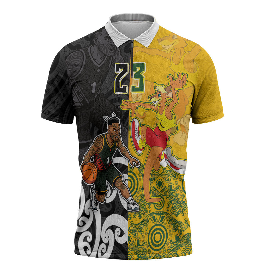 Aotearoa New Zealand And Australia Basketball Custom Zipper Polo Shirt Maori Tribal Tattoo And Aboriginal Dot Art Heritage LT03 Multicolor - Polynesian Pride