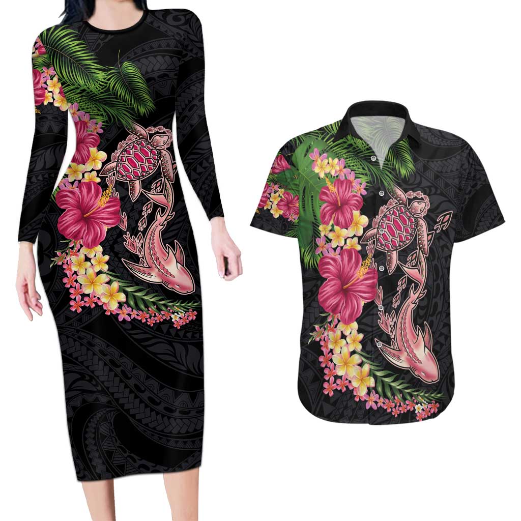 Hawaiian Tropical Plants Turtle and Shark Couples Matching Long Sleeve Bodycon Dress and Hawaiian Shirt Polynesian Art Tattoo LT03 Black - Polynesian Pride