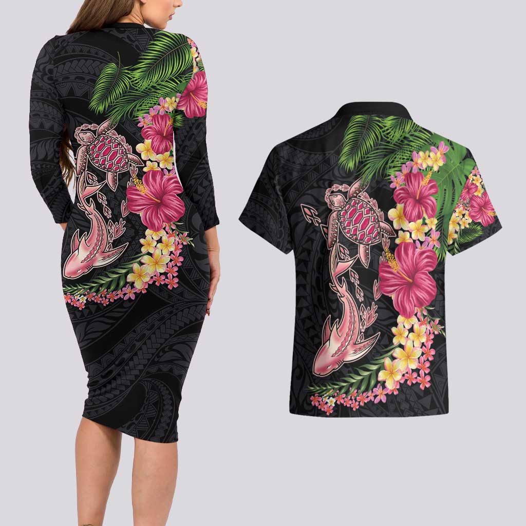 Hawaiian Tropical Plants Turtle and Shark Couples Matching Long Sleeve Bodycon Dress and Hawaiian Shirt Polynesian Art Tattoo LT03 - Polynesian Pride