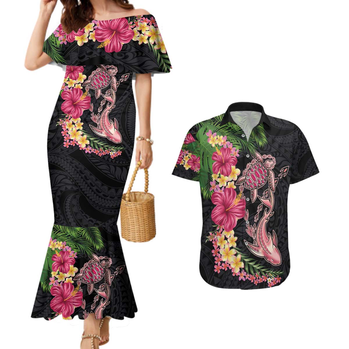 Hawaiian Tropical Plants Turtle and Shark Couples Matching Mermaid Dress and Hawaiian Shirt Polynesian Art Tattoo LT03 Black - Polynesian Pride