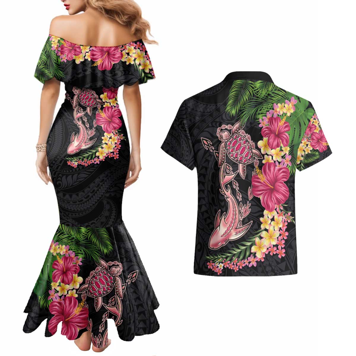 Hawaiian Tropical Plants Turtle and Shark Couples Matching Mermaid Dress and Hawaiian Shirt Polynesian Art Tattoo LT03 - Polynesian Pride