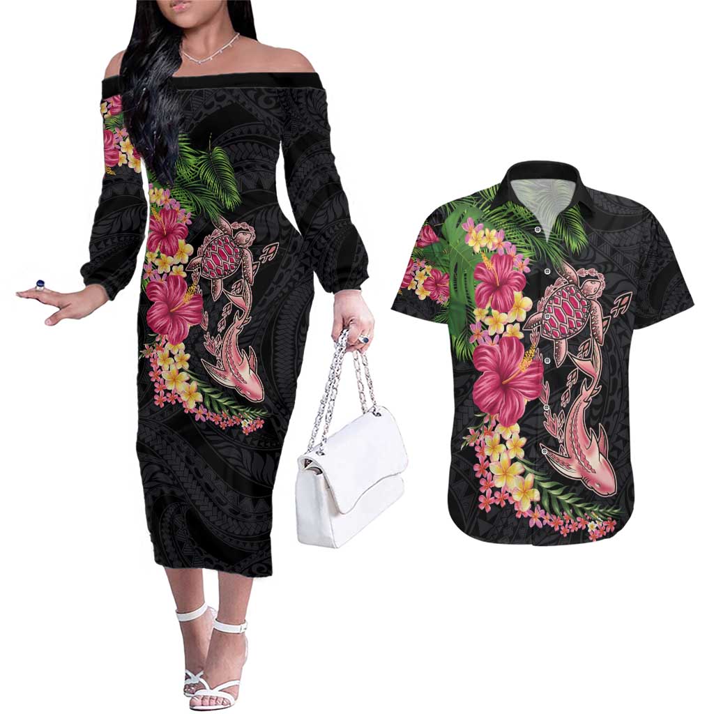 Hawaiian Tropical Plants Turtle and Shark Couples Matching Off The Shoulder Long Sleeve Dress and Hawaiian Shirt Polynesian Art Tattoo