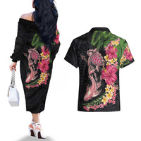 Hawaiian Tropical Plants Turtle and Shark Couples Matching Off The Shoulder Long Sleeve Dress and Hawaiian Shirt Polynesian Art Tattoo