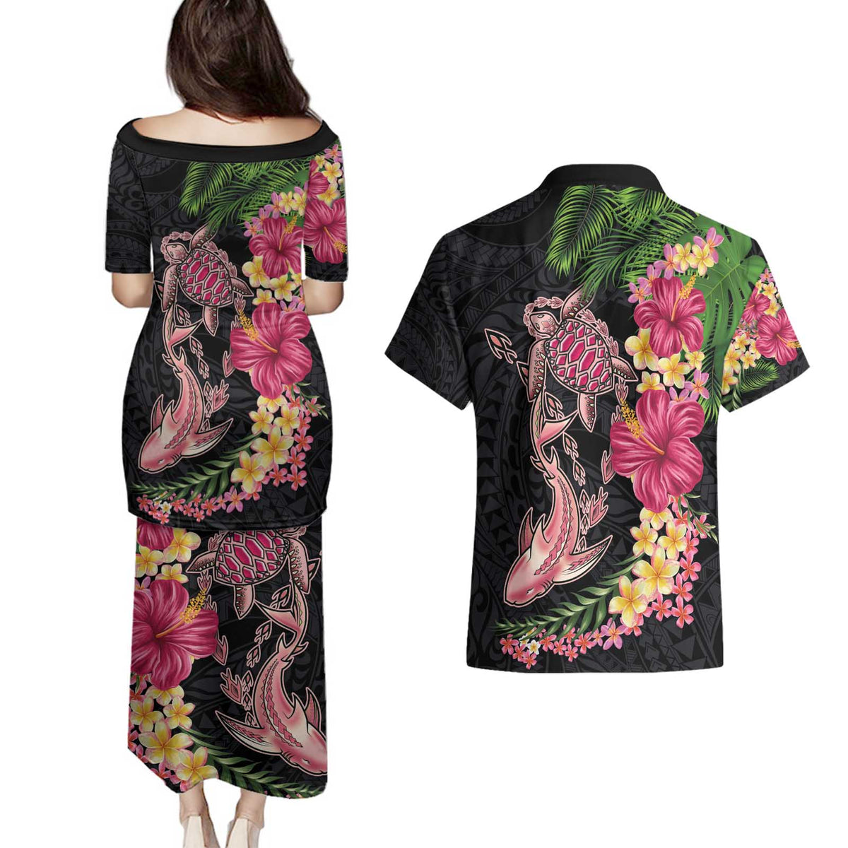 Hawaiian Tropical Plants Turtle and Shark Couples Matching Puletasi and Hawaiian Shirt Polynesian Art Tattoo