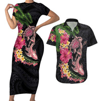 Hawaiian Tropical Plants Turtle and Shark Couples Matching Short Sleeve Bodycon Dress and Hawaiian Shirt Polynesian Art Tattoo LT03 Black - Polynesian Pride