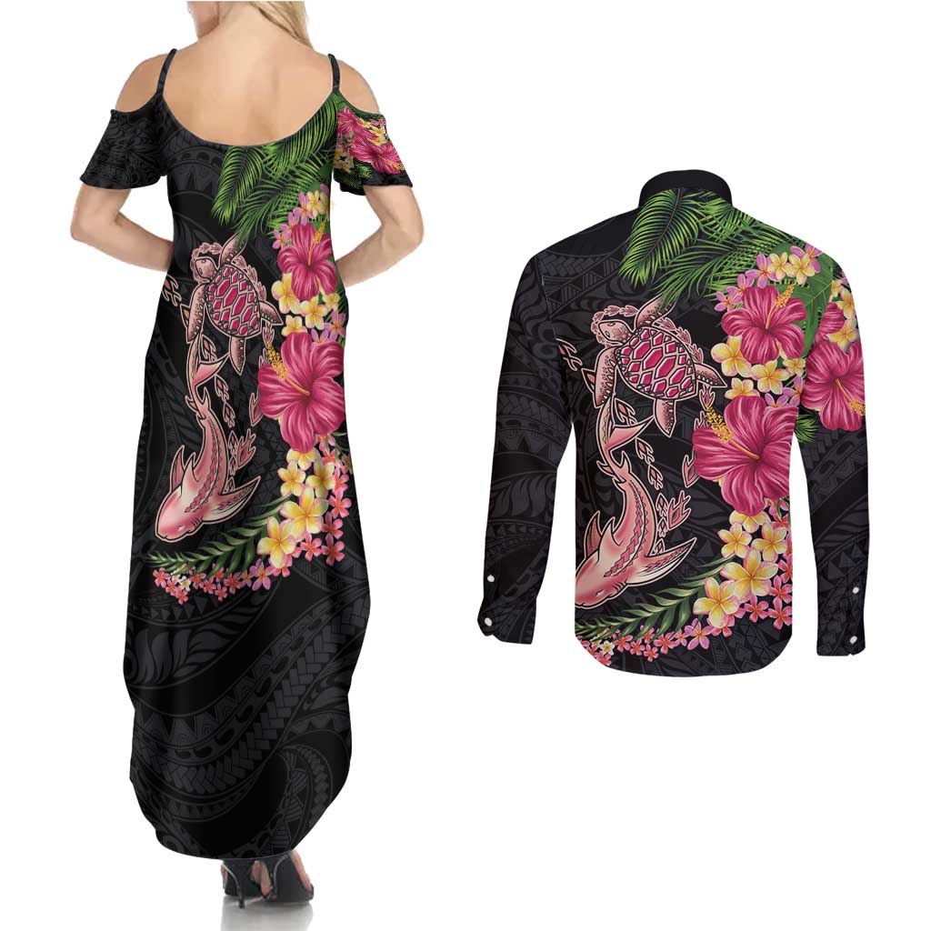 Hawaiian Tropical Plants Turtle and Shark Couples Matching Summer Maxi Dress and Long Sleeve Button Shirt Polynesian Art Tattoo