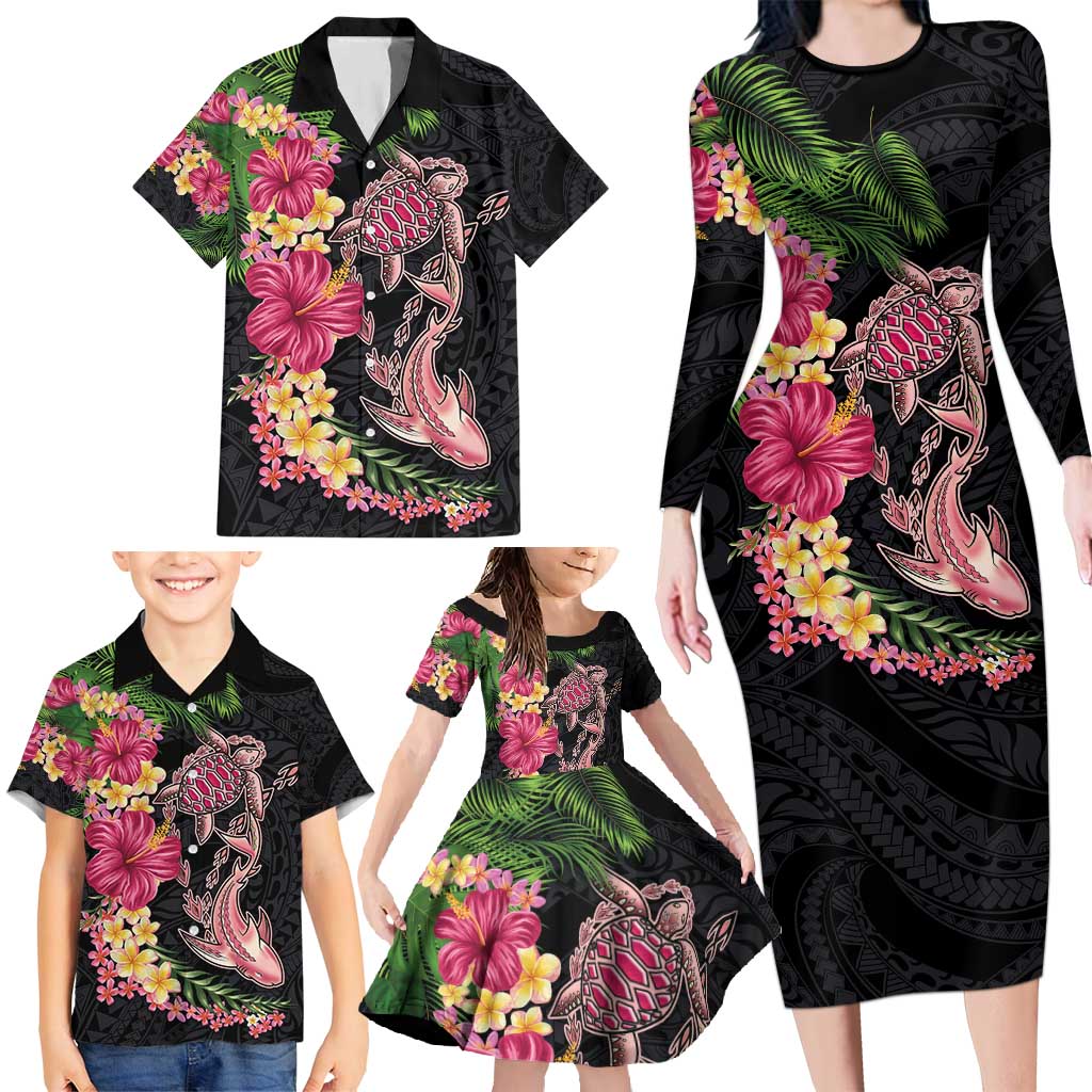 Hawaiian Tropical Plants Turtle and Shark Family Matching Long Sleeve Bodycon Dress and Hawaiian Shirt Polynesian Art Tattoo LT03 - Polynesian Pride