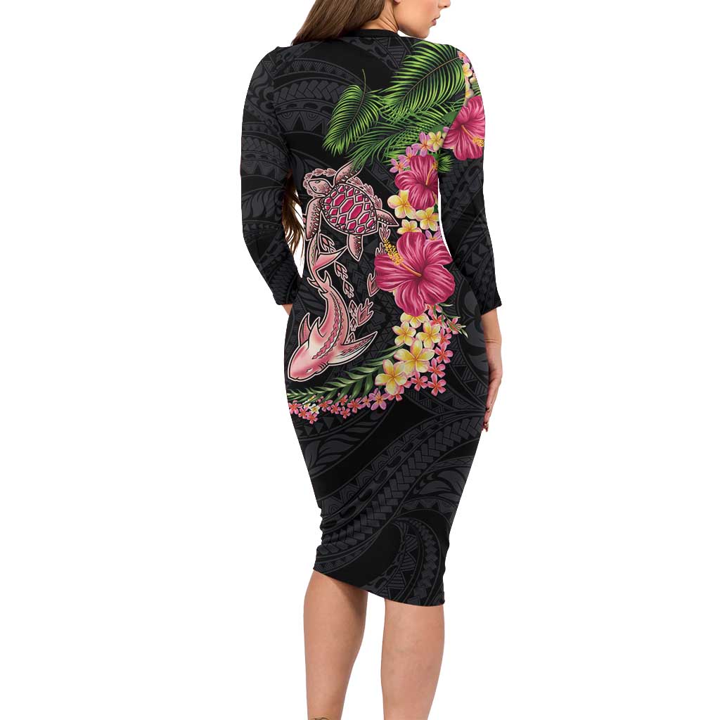 Hawaiian Tropical Plants Turtle and Shark Family Matching Long Sleeve Bodycon Dress and Hawaiian Shirt Polynesian Art Tattoo LT03 - Polynesian Pride