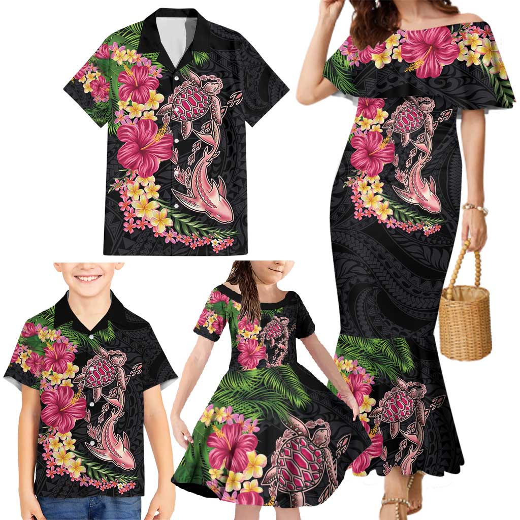 Hawaiian Tropical Plants Turtle and Shark Family Matching Mermaid Dress and Hawaiian Shirt Polynesian Art Tattoo LT03 - Polynesian Pride