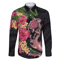 Hawaiian Tropical Plants Turtle and Shark Family Matching Mermaid Dress and Hawaiian Shirt Polynesian Art Tattoo LT03 Dad's Shirt - Long Sleeve Black - Polynesian Pride