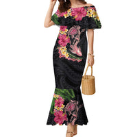 Hawaiian Tropical Plants Turtle and Shark Family Matching Mermaid Dress and Hawaiian Shirt Polynesian Art Tattoo LT03 Mom's Dress Black - Polynesian Pride