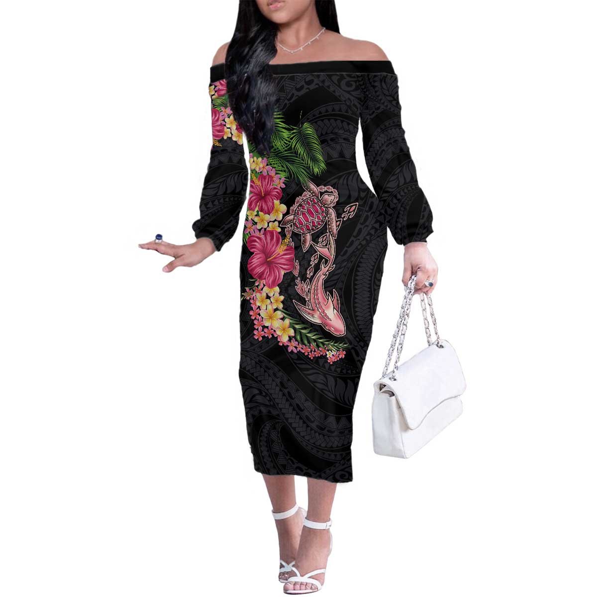 Hawaiian Tropical Plants Turtle and Shark Family Matching Off The Shoulder Long Sleeve Dress and Hawaiian Shirt Polynesian Art Tattoo