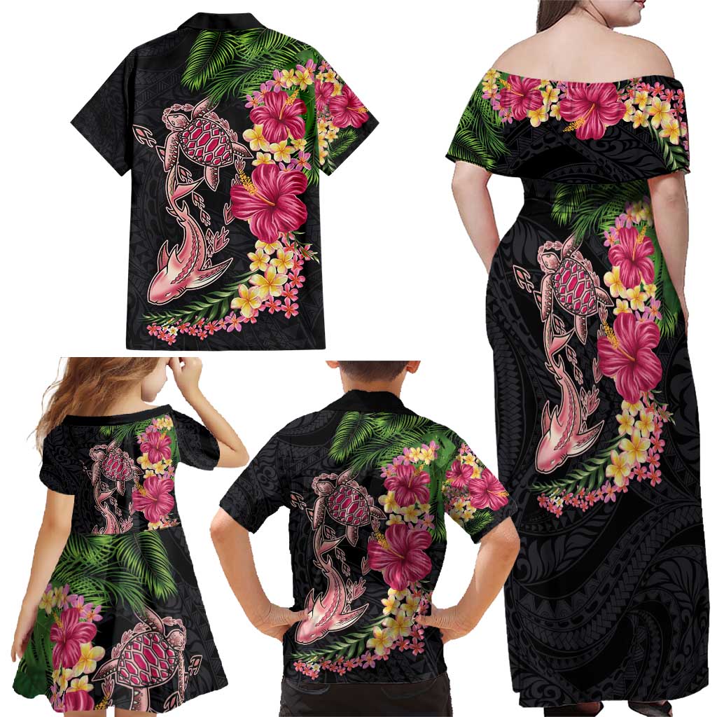 Hawaiian Tropical Plants Turtle and Shark Family Matching Off Shoulder Maxi Dress and Hawaiian Shirt Polynesian Art Tattoo LT03 - Polynesian Pride