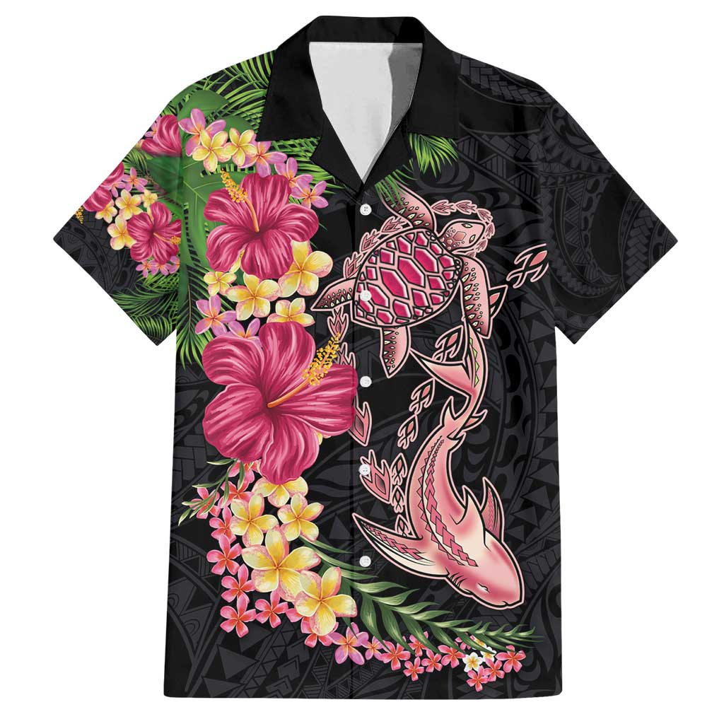 Hawaiian Tropical Plants Turtle and Shark Family Matching Off Shoulder Maxi Dress and Hawaiian Shirt Polynesian Art Tattoo LT03 Dad's Shirt - Short Sleeve Black - Polynesian Pride