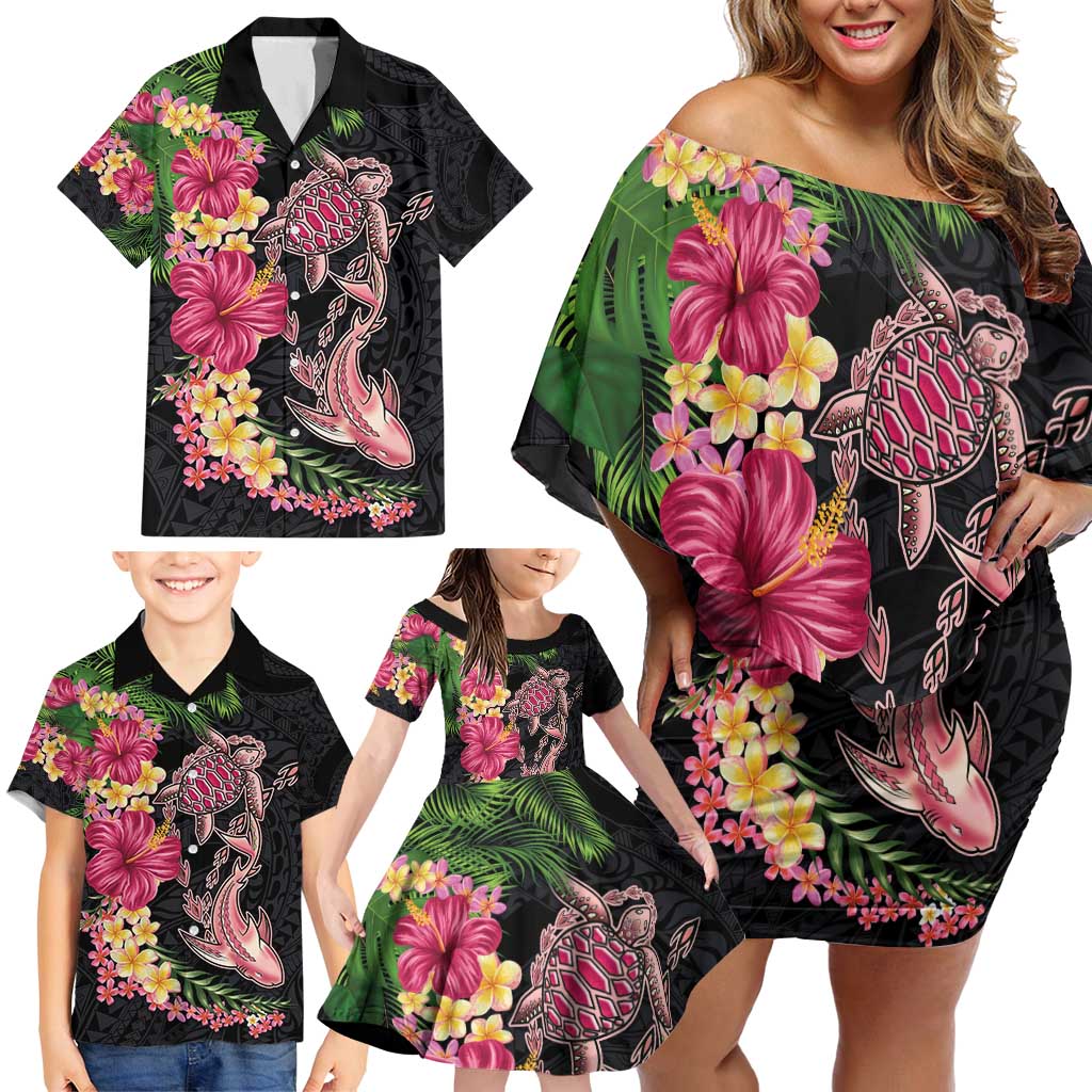 Hawaiian Tropical Plants Turtle and Shark Family Matching Off Shoulder Short Dress and Hawaiian Shirt Polynesian Art Tattoo LT03 - Polynesian Pride