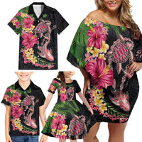 Hawaiian Tropical Plants Turtle and Shark Family Matching Off Shoulder Short Dress and Hawaiian Shirt Polynesian Art Tattoo LT03 - Polynesian Pride