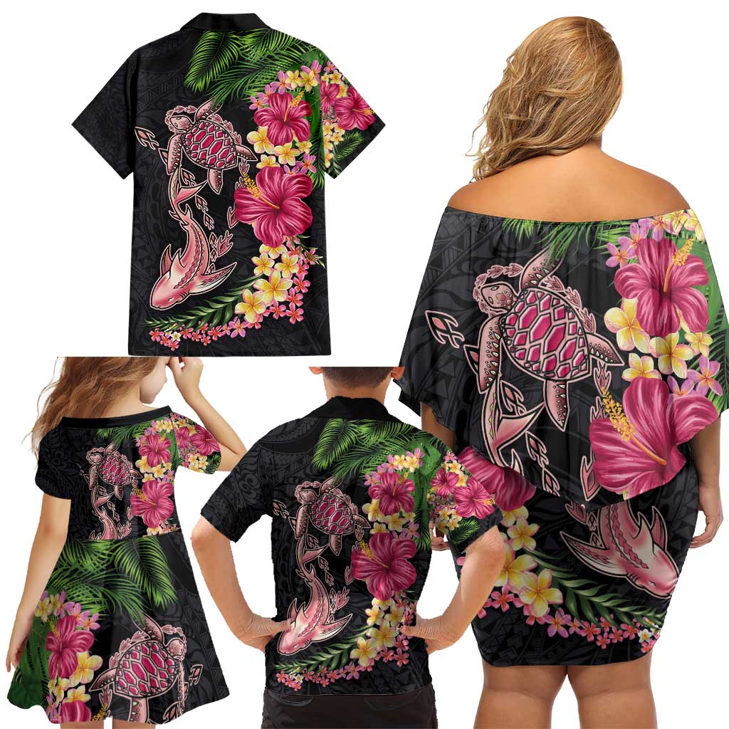 Hawaiian Tropical Plants Turtle and Shark Family Matching Off Shoulder Short Dress and Hawaiian Shirt Polynesian Art Tattoo LT03 - Polynesian Pride