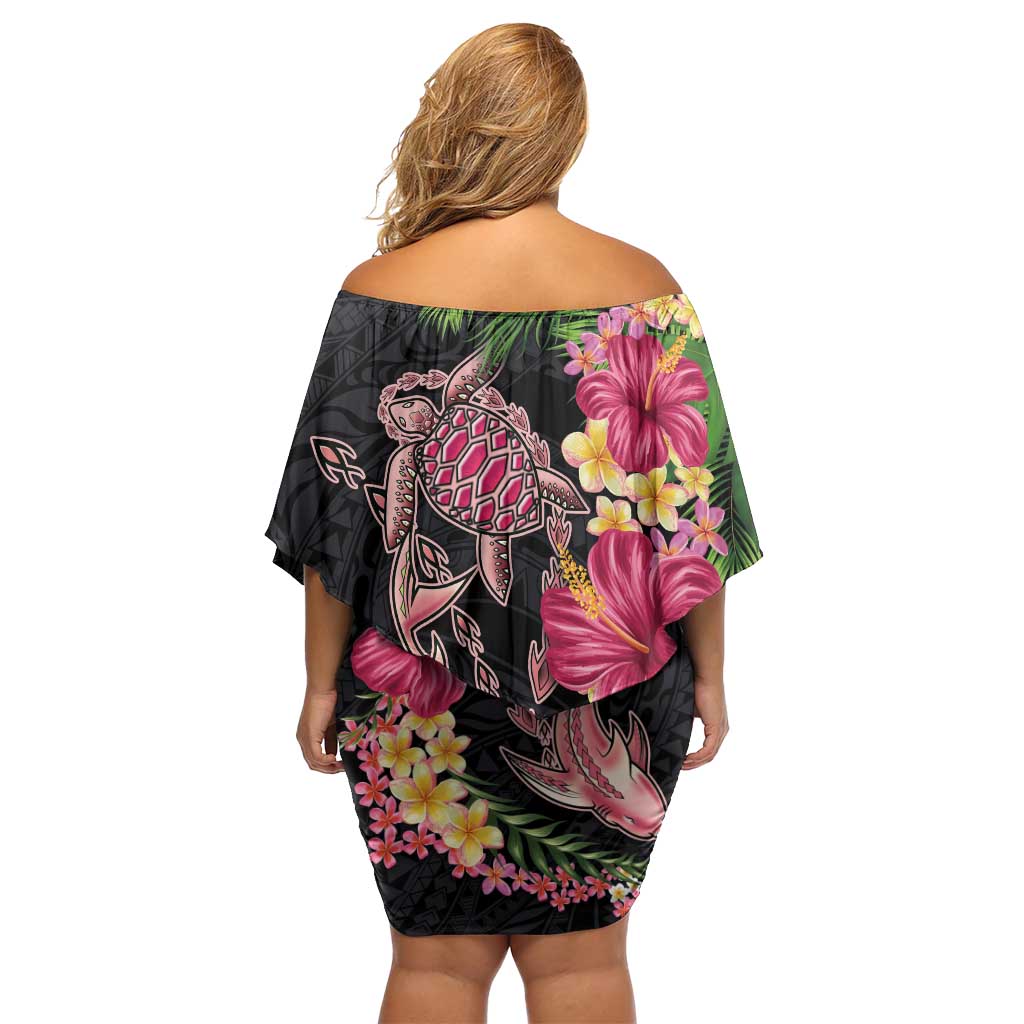 Hawaiian Tropical Plants Turtle and Shark Family Matching Off Shoulder Short Dress and Hawaiian Shirt Polynesian Art Tattoo LT03 - Polynesian Pride