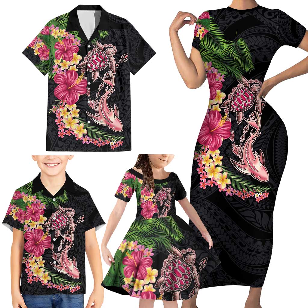 Hawaiian Tropical Plants Turtle and Shark Family Matching Short Sleeve Bodycon Dress and Hawaiian Shirt Polynesian Art Tattoo LT03 - Polynesian Pride