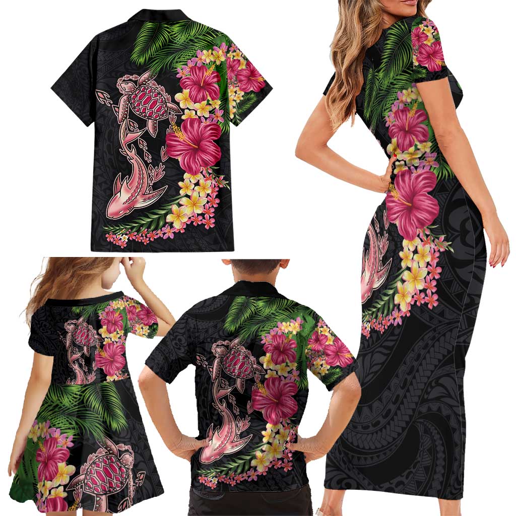 Hawaiian Tropical Plants Turtle and Shark Family Matching Short Sleeve Bodycon Dress and Hawaiian Shirt Polynesian Art Tattoo LT03 - Polynesian Pride