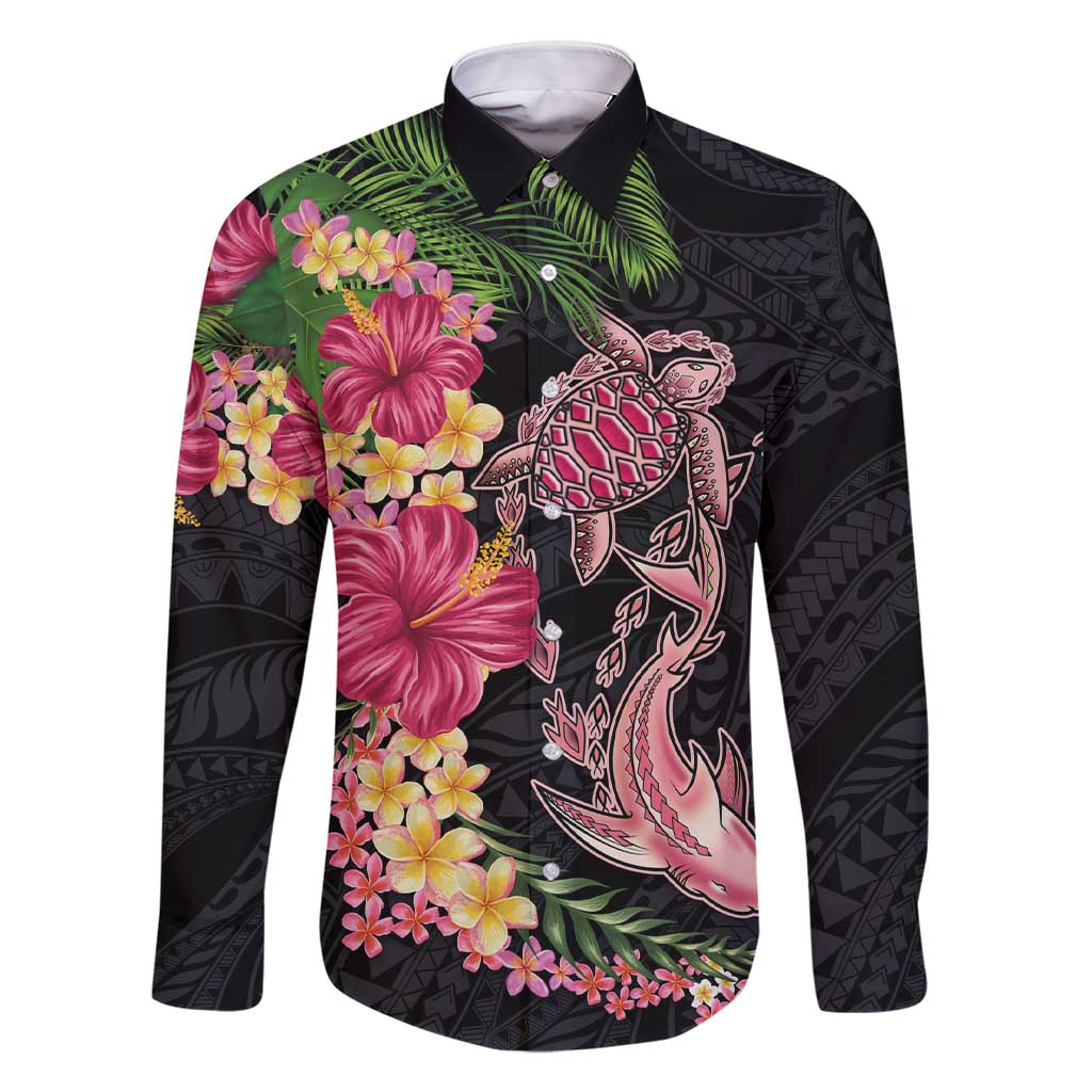 Hawaiian Tropical Plants Turtle and Shark Family Matching Short Sleeve Bodycon Dress and Hawaiian Shirt Polynesian Art Tattoo LT03 Dad's Shirt - Long Sleeve Black - Polynesian Pride