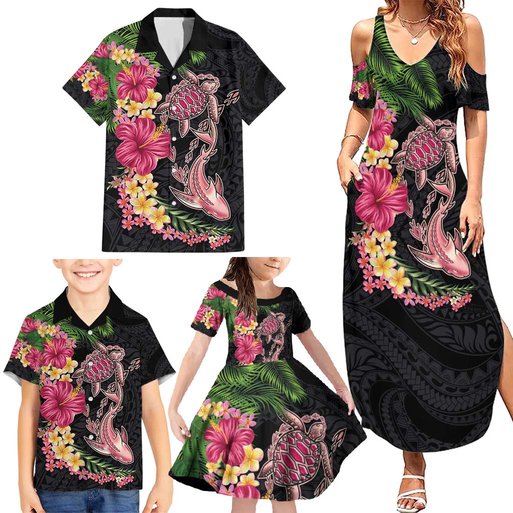 Hawaiian Tropical Plants Turtle and Shark Family Matching Summer Maxi Dress and Hawaiian Shirt Polynesian Art Tattoo