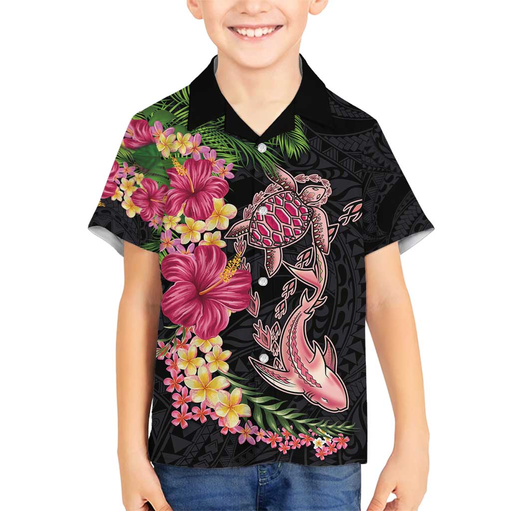 Hawaiian Tropical Plants Turtle and Shark Family Matching Summer Maxi Dress and Hawaiian Shirt Polynesian Art Tattoo LT03 Son's Shirt Black - Polynesian Pride