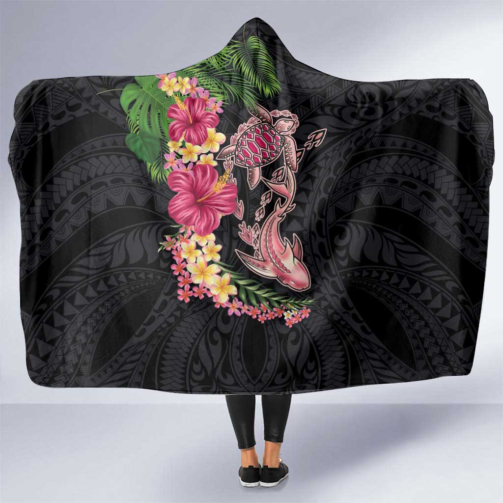 Hawaiian Tropical Plants Turtle and Shark Hooded Blanket Polynesian Art Tattoo