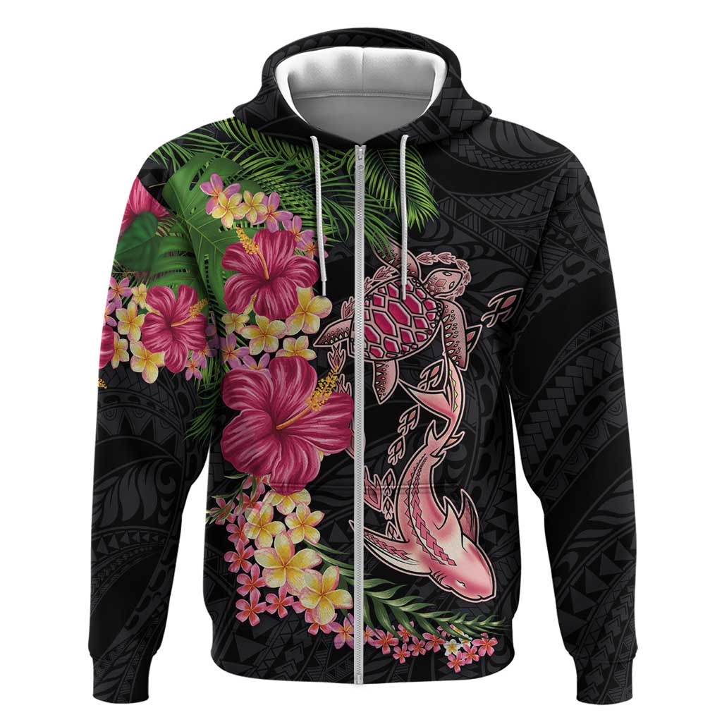 Hawaiian Tropical Plants Turtle and Shark Hoodie Polynesian Art Tattoo