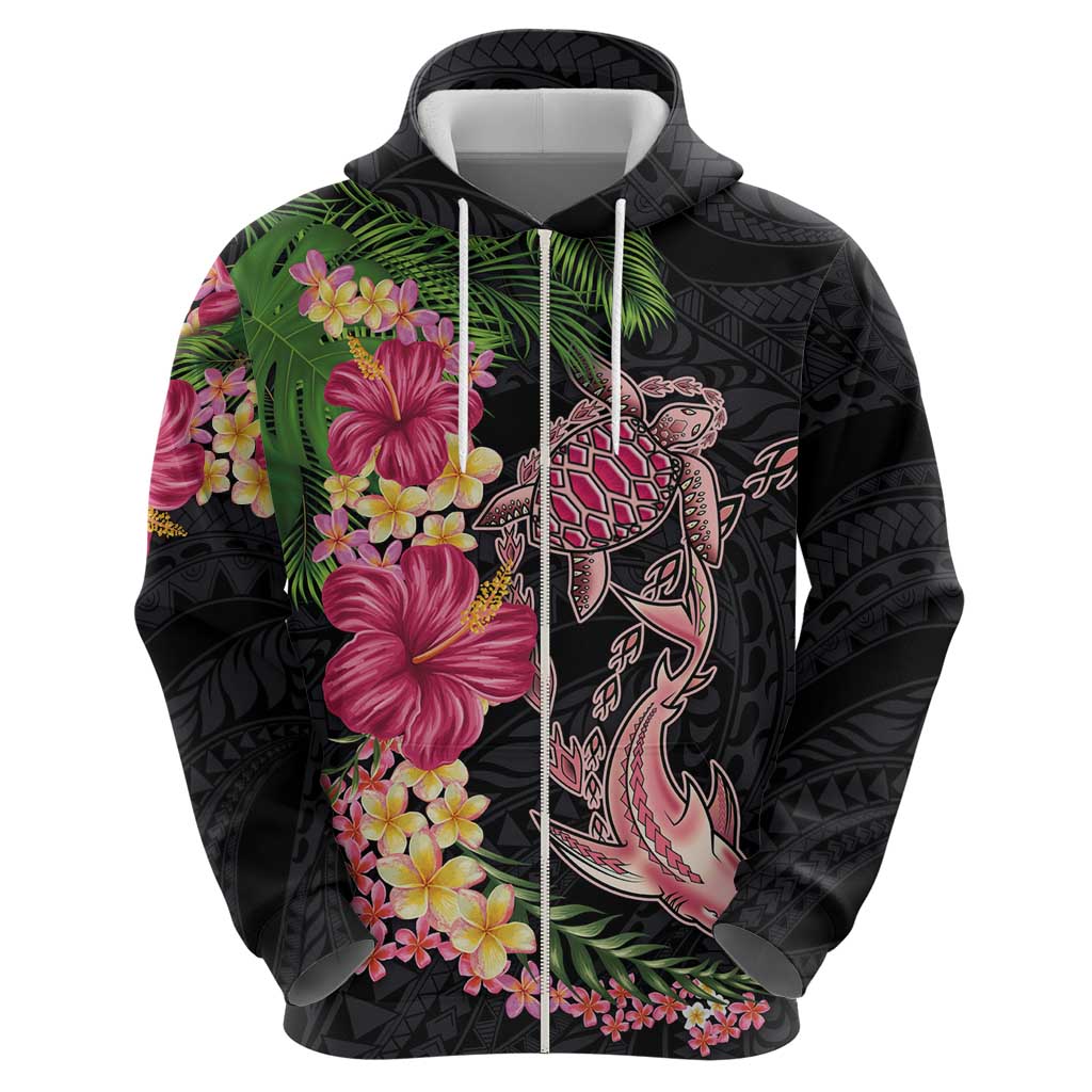 Hawaiian Tropical Plants Turtle and Shark Hoodie Polynesian Art Tattoo