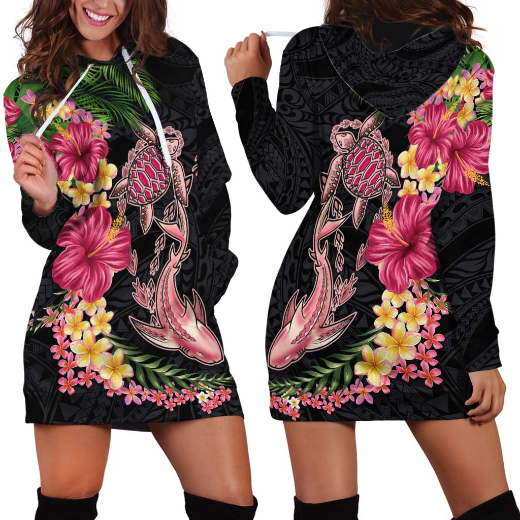 Hawaiian Tropical Plants Turtle and Shark Hoodie Dress Polynesian Art Tattoo