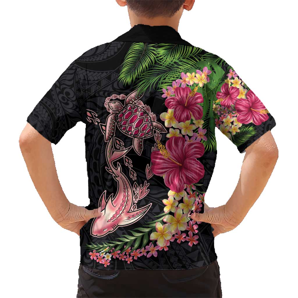 Hawaiian Tropical Plants Turtle and Shark Kid Hawaiian Shirt Polynesian Art Tattoo